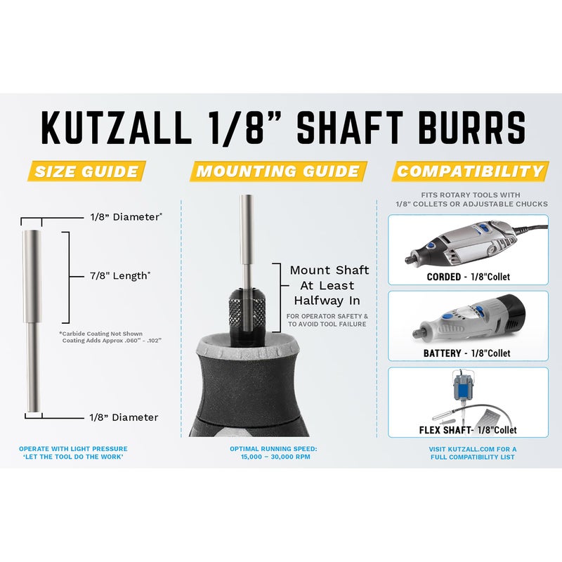 Kutzall Extreme Cylinder Burr, 1â„8" Shaft, Very Coarse - Wood Carving Bit for Dremel, Foredom, DeWalt, Milwaukee. Abrasive Tungsten Carbide, 1â„4" (6.3mm) Dia. X 1â„2" (12.7mm) Length, CX-14-EC - Image 3